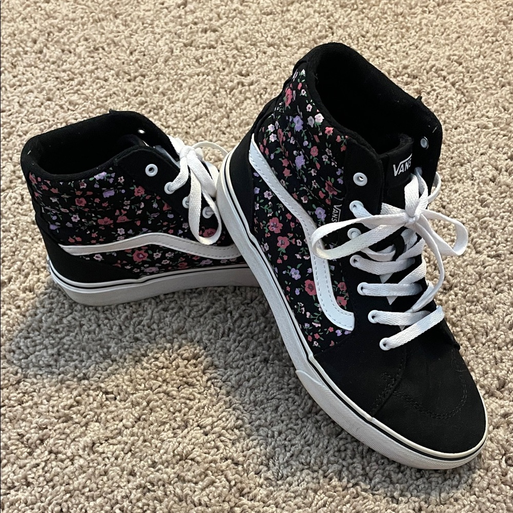 Vans Women's Black Pink Floral High-Top Sneakers, euro38, missy 6.0=women’s 7.5
